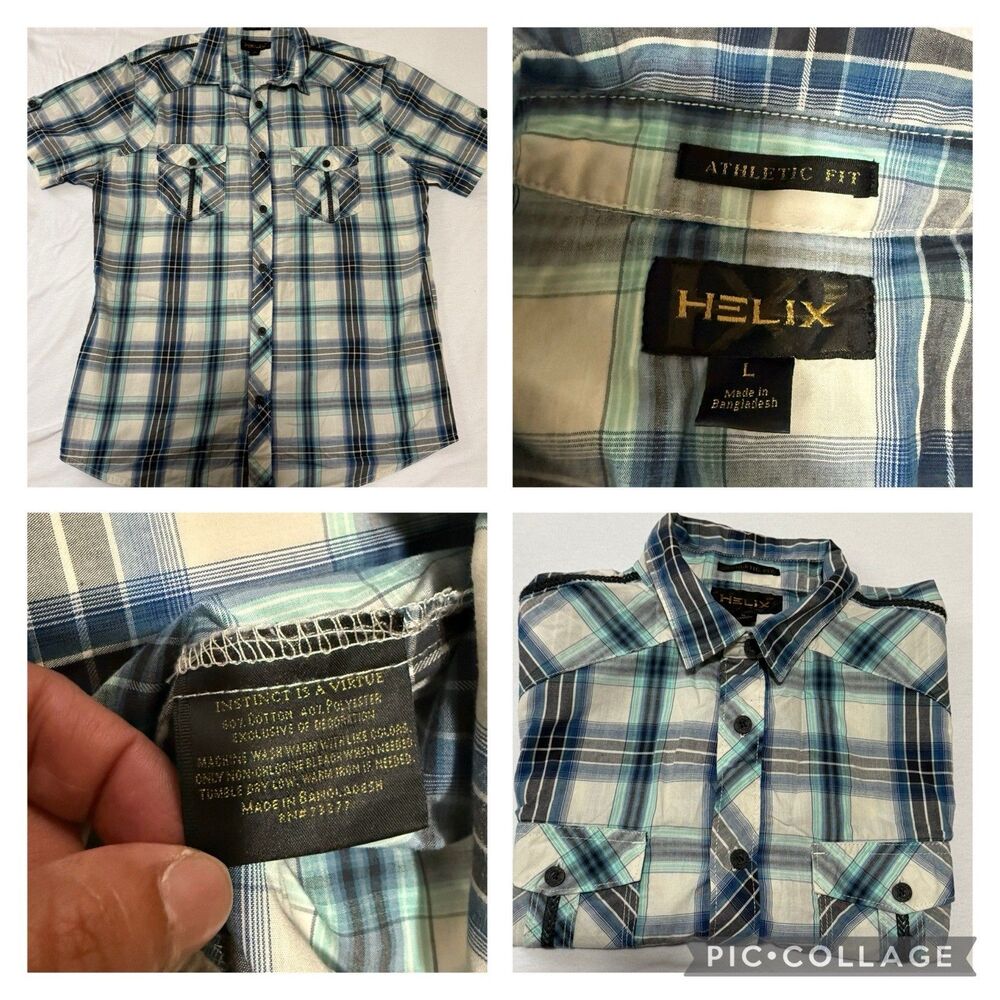 Helix Men's Casual Button Shirt Blue Black & White Plaid Large Double Pocket